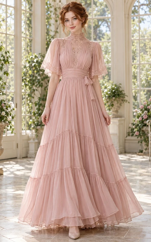 Vintage Edwardian High Neck Dusty Rose Flutter Sleeve Tiered Chiffon Dress