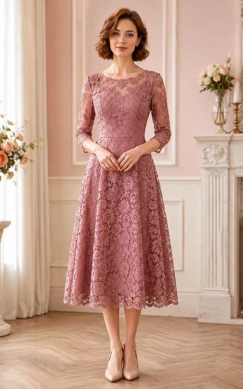 Robe de soirée vintage rose poudré à manches trois-quarts en dentelle, coupe trapèze et longueur thé