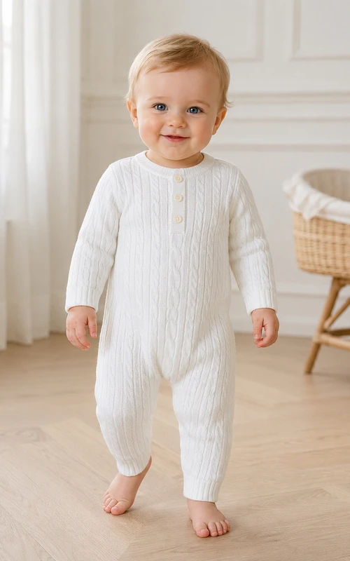 Pelele de punto acanalado blanco con botones y manga larga para bebé niño.