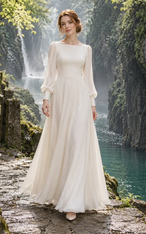 Schlichtes, elegantes Brautkleid in A-Linie mit langen Ärmeln und U-Boot-Ausschnitt, gerafft