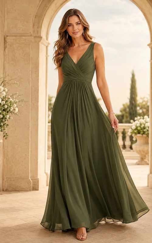 Elegante vestido largo de gasa sin mangas con escote en V, corte en A, color verde oscuro, estilo bohemio.