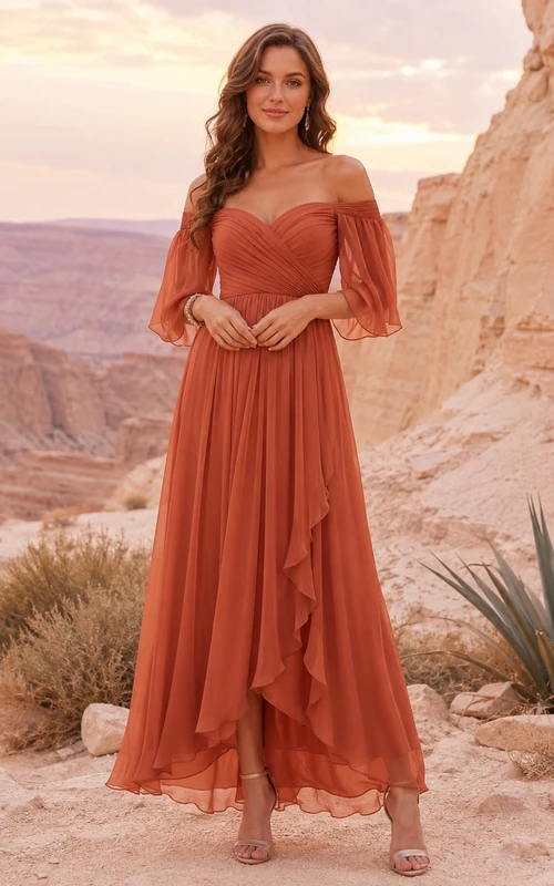 Terracotta off shoulder bishop sleeve desert guest chiffon gown