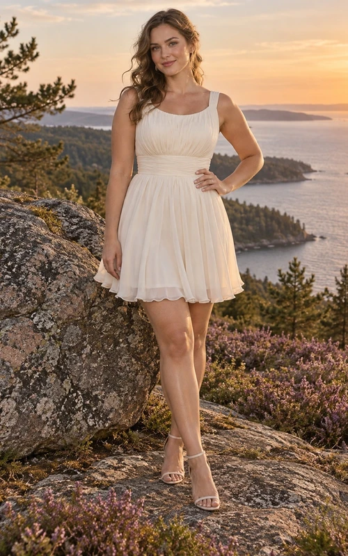 Vestido de novia corto y sencillo de gasa con corte en A, escote redondo y cintura fruncida.