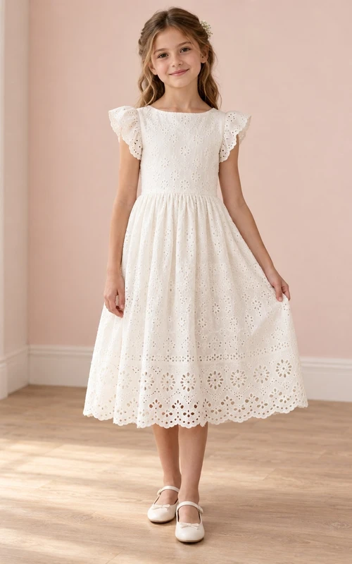 Vintage Tea-length Ivory Jewel Neck Flutter Sleeve Eyelet Cotton Flower Girl Dress
