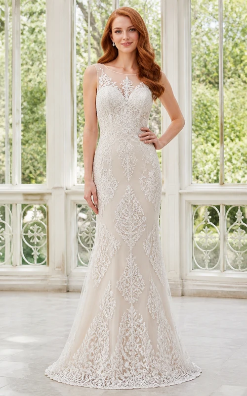 Vestido de novia modesto, de corte recto, cuello alto, sin mangas y largo hasta el suelo, de encaje.