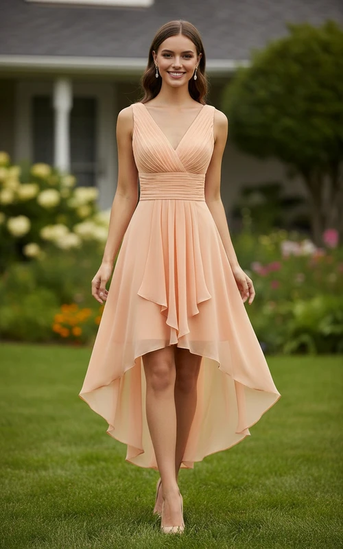 Robe de demoiselle d'honneur asymétrique en mousseline pêche, col en V, plissée, coupe courte, décolleté en V, idéale pour une soirée cocktail.