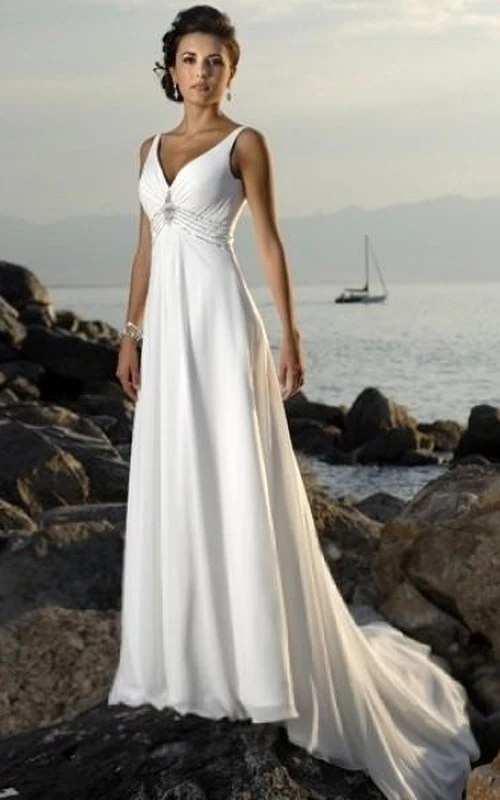 Empire-Brautkleider aus Chiffon mit V-Ausschnitt, Schleppe und ärmellosem Schnitt für Bräute