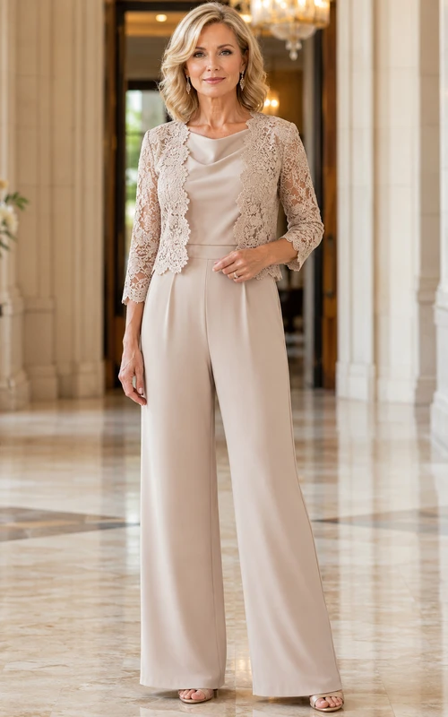 Champagnerfarbener Jumpsuit aus Spitze mit Rundhalsausschnitt und weitem Bein