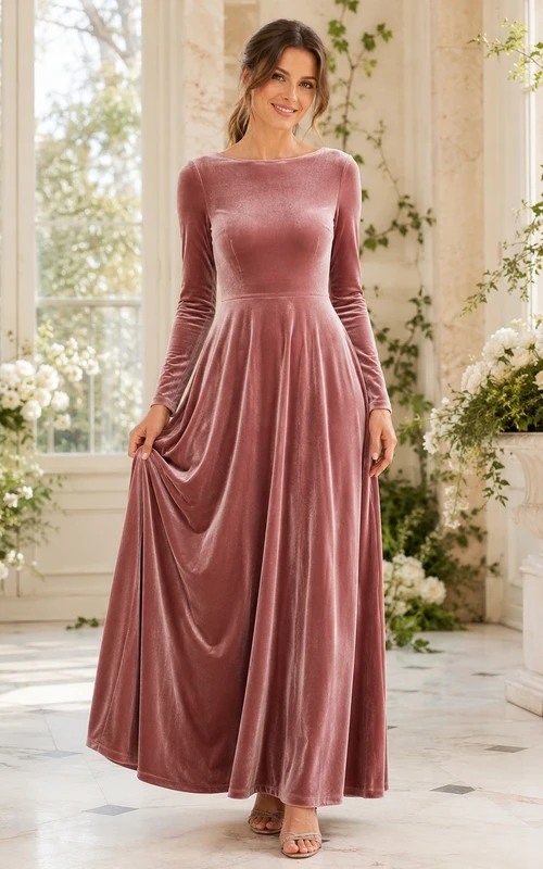 Long Sleeve Cowl Neck A Line Velvet Dusty Rose Romantic Dress