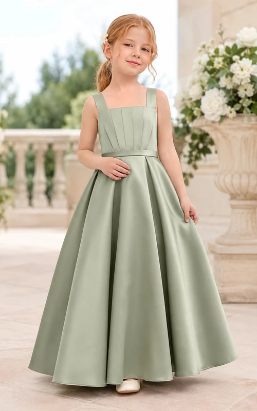 Elegant A-Line Flower Girl Dress with Square Neck Sleeveless Sage Satin Floor Length Reception
