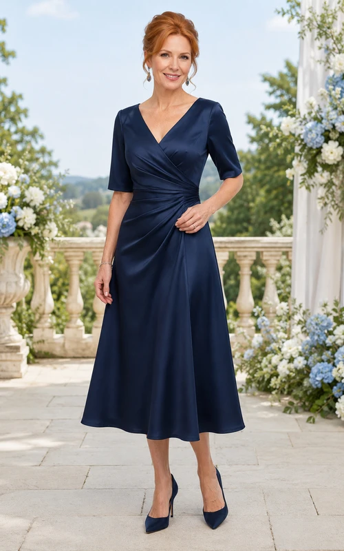 Dunkelblaues, wadenlanges A-Linien-Kleid aus Satin mit V-Ausschnitt für Mütter