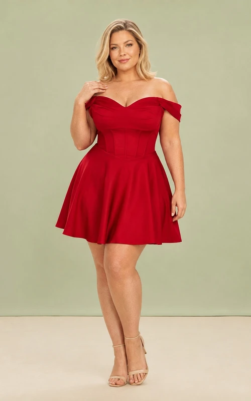 Robe de cocktail rouge grande taille à épaules dénudées et décolleté cœur, coupe mini trapèze, idéale pour les fêtes de fin d'année.