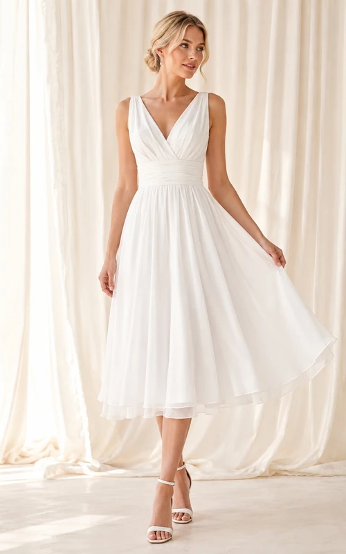Weißes, ärmelloses Chiffon-Gästekleid in A-Linie mit V-Ausschnitt und Teelänge