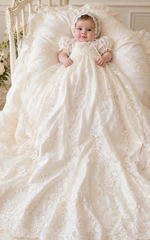 Luxury Baby Baptism Christening Ceremony Gown Ball Gown Floor-Length Chapel Train Jewel Neck Long Sleeve Tulle Lace Floral Applique Button Back Ornate Lace Applique