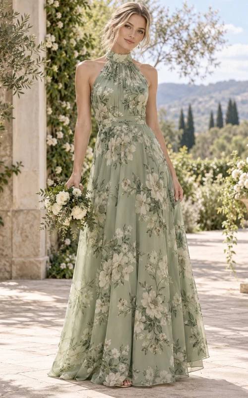 Brautjungfernkleid aus Chiffon mit botanischem Salbeimuster, Neckholder, hohem Kragen, ärmellos, mit Seitenschlitz und bodenlang