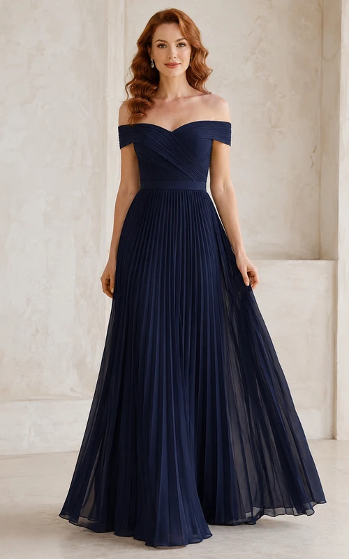 Dark Navy Off Shoulder Pleated Chiffon Formal Dress