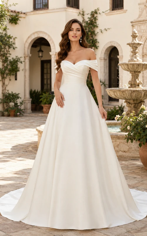 Vestido de novia de satén y gasa para la playa, estilo princesa, sin tirantes, con escote corazón y cola larga.