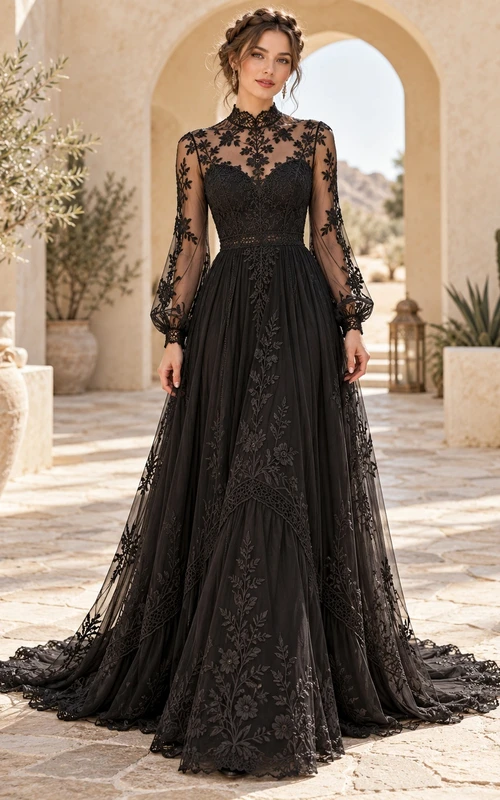 Boho Black High Neck Long Sleeve Floral Lace Wedding Dress