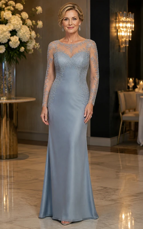 Vestido de madre de manga larga con encaje azul acero