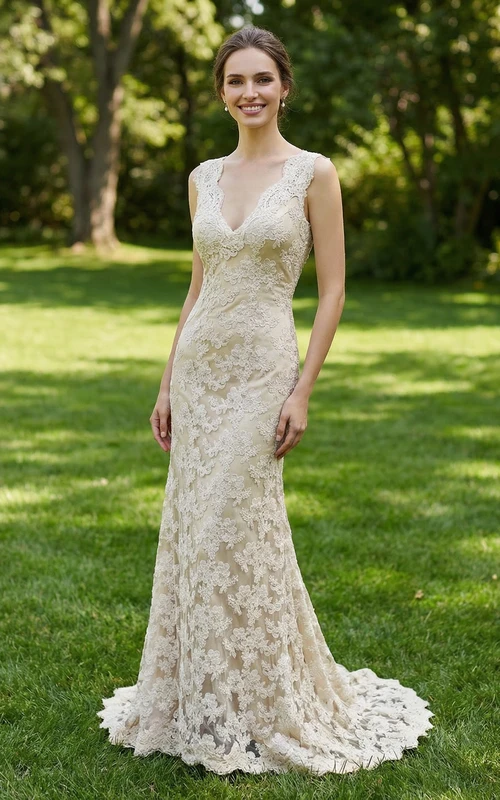 Vintage Champagnerfarbenes Meerjungfrauen-Hochzeitskleid mit V-Ausschnitt - Ärmelloses Brautkleid mit Spitzenbesatz