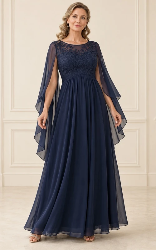 Vestido de novia azul marino de corte imperio, línea A, largo hasta el suelo, de gasa de encaje con mangas tipo capa.