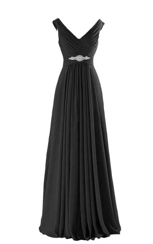 Robe longue en mousseline de soie à col en V et coupe trapèze, ornée de plis et de perles