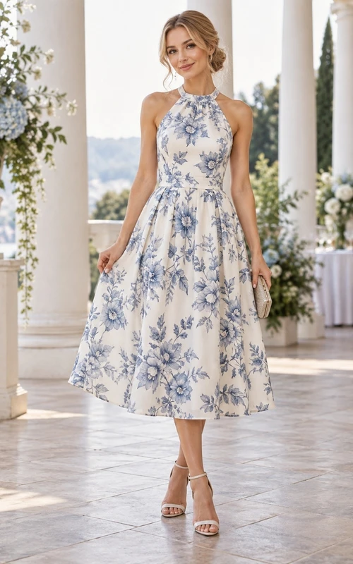 White Blue Floral Print Halter Sleeveless Chiffon Tea Length A Line Guest Dress
