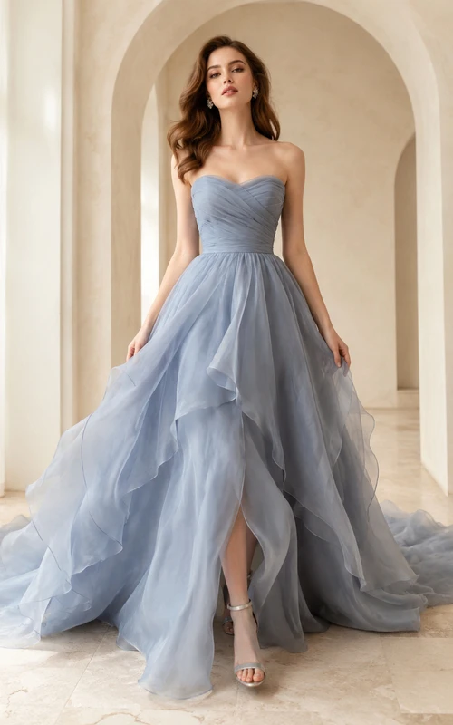Robe de mariée bleu poudré sans bretelles en tulle à volants asymétrique et trapèze