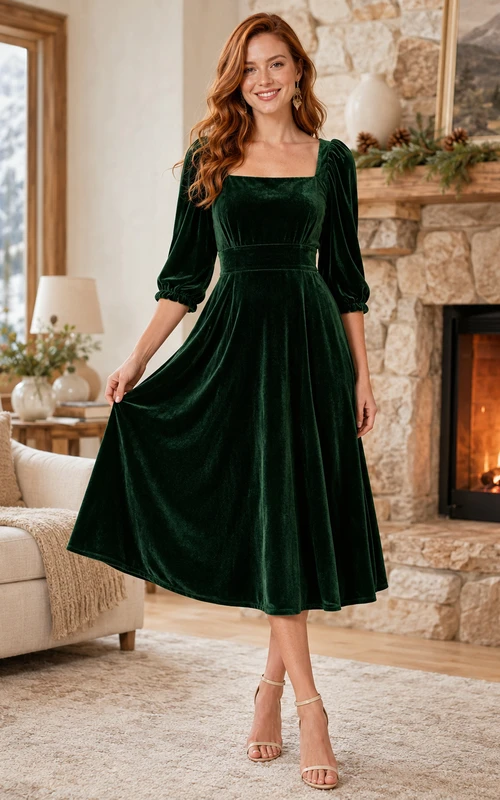 Forest green velvet square neck puff sleeve lodge midi dress