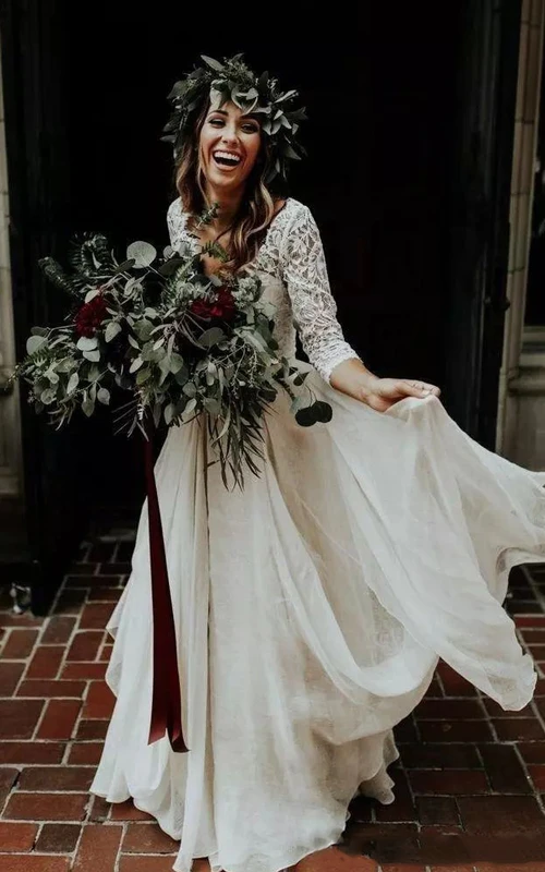 Robe de mariée deux pièces en dentelle, col en V, longueur au sol, traîne balayée, manches 3-4, dos illusion