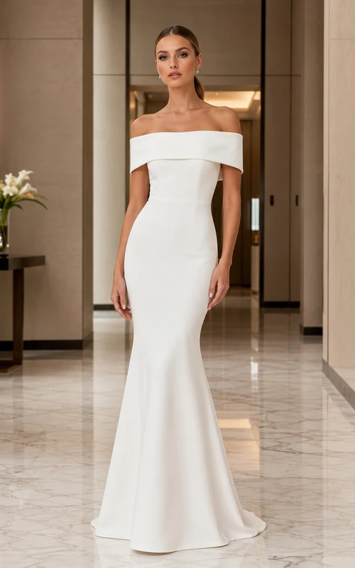 Robe de mariée civile sirène en satin, épaules dénudées, traîne, dos nu plongeant en V et fermeture éclair.