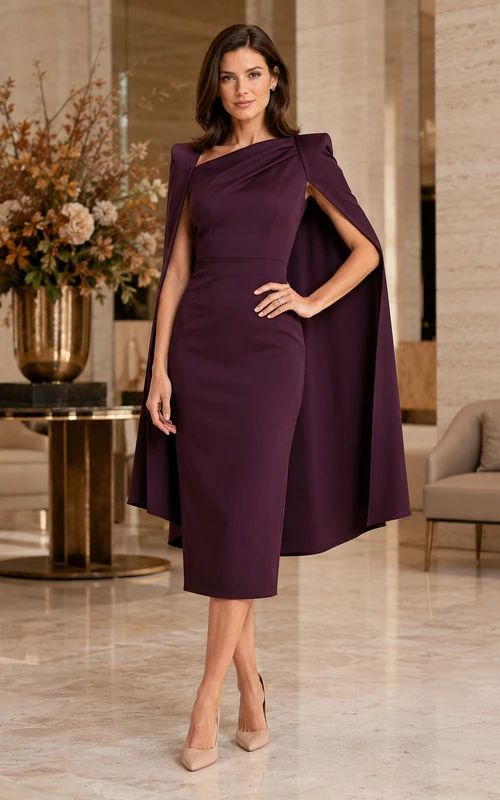 Pflaumenfarbenes, asymmetrisches Midi-Kleid aus Satin mit langem Cape-Ärmeln und U-Boot-Ausschnitt