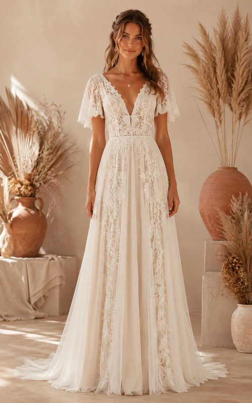 Simple A-Line Wedding Dress Short Sleeve V-Neck Lace Chiffon Floor Length Sweep Train Ivory