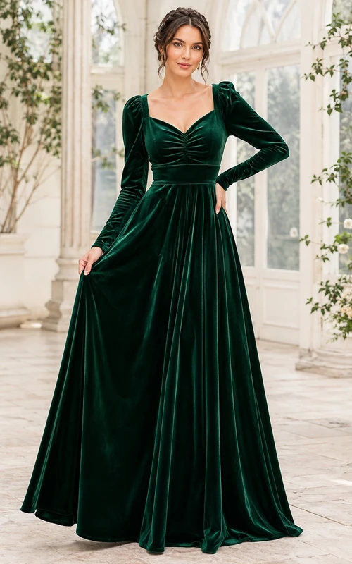 Vestido formal elegante de terciopelo verde oscuro con escote cuadrado y manga larga, corte en A.