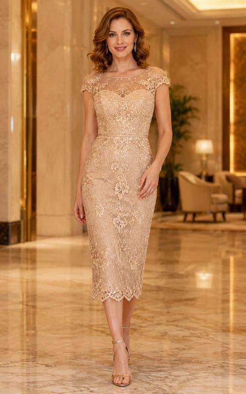 Champagne Illusion Lace Sheath Tea-Length Dress