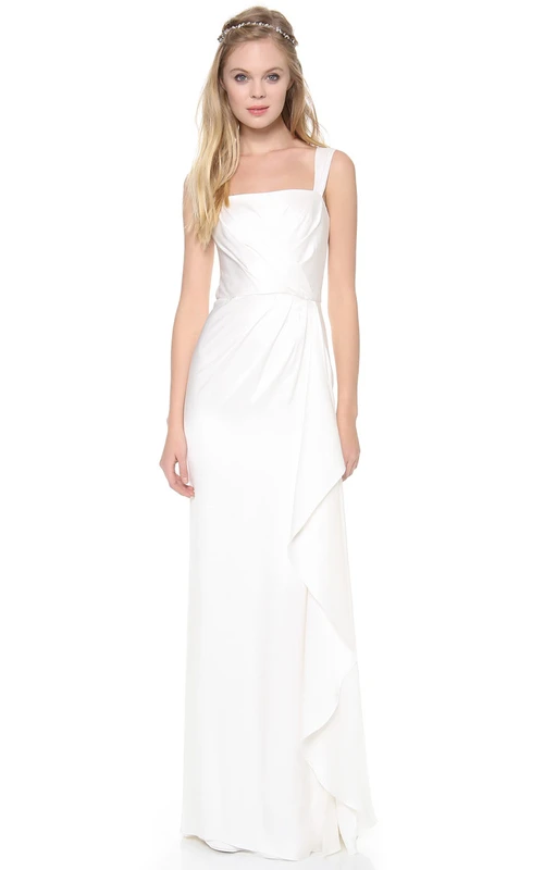 Robe longue carrée empire en taffetas à larges bretelles