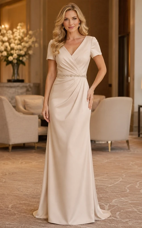 Vestido de noche largo hasta el suelo, de satén color champán, con escote en V y mangas cortas.