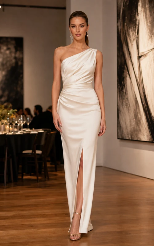 Robe de soirée ivoire asymétrique drapée à fente colonne