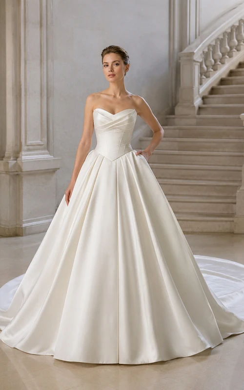 Robe de bal bustier en satin poli, décolleté cœur, traîne cathédrale, dos nu orné d'un nœud, robe de mariée de style chapelle