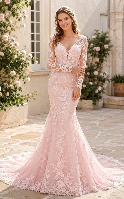 Vestido de novia elegante y romántico de manga larga estilo sirena boho, edición A de encaje.