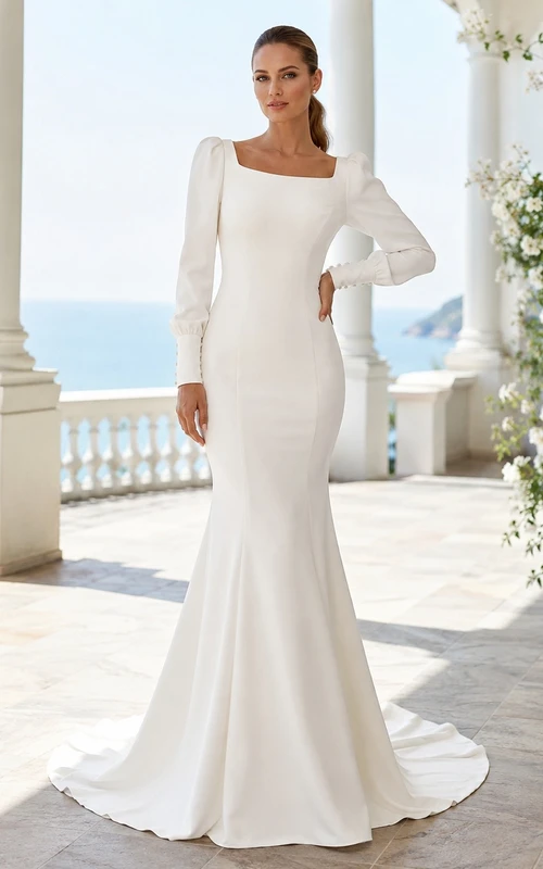 Vestido de novia de corte sirena con escote cuadrado, manga larga y cola larga, ideal para ceremonias.