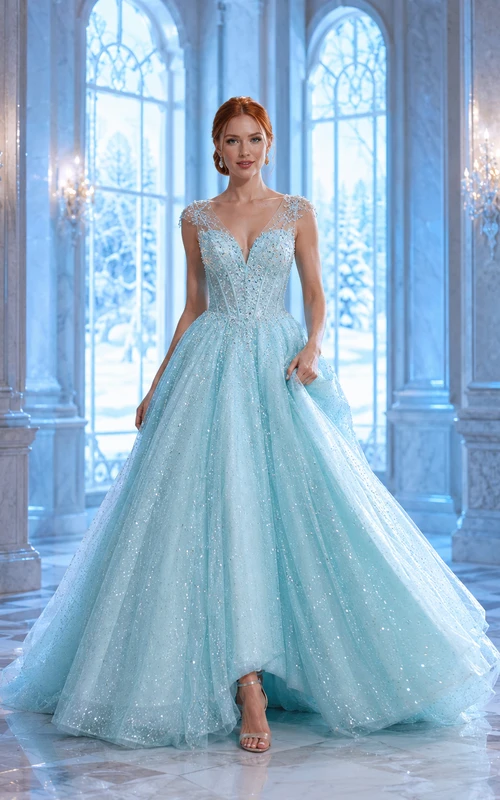 Vestido de quinceañera moderno con cola larga, escote en V y tirantes de tul brillante, estilo palacio de invierno, color verde menta.
