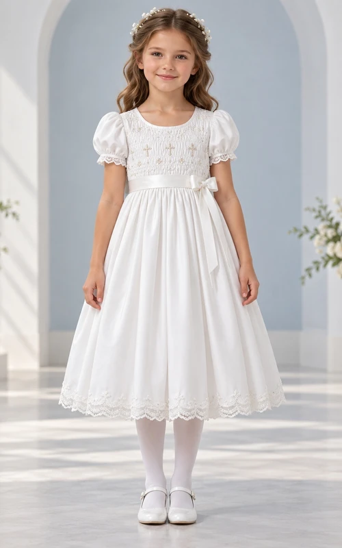 Tea-length White Cross Smocked Puff Sleeve Bow First Communion Dress