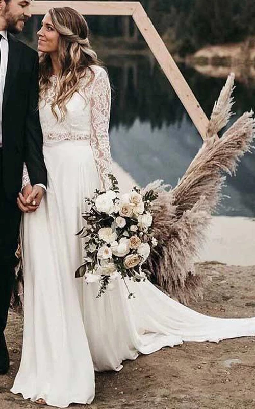 Vestido de novia vintage de dos piezas, largo hasta el suelo, con cola capilla y mangas largas, de encaje satinado.