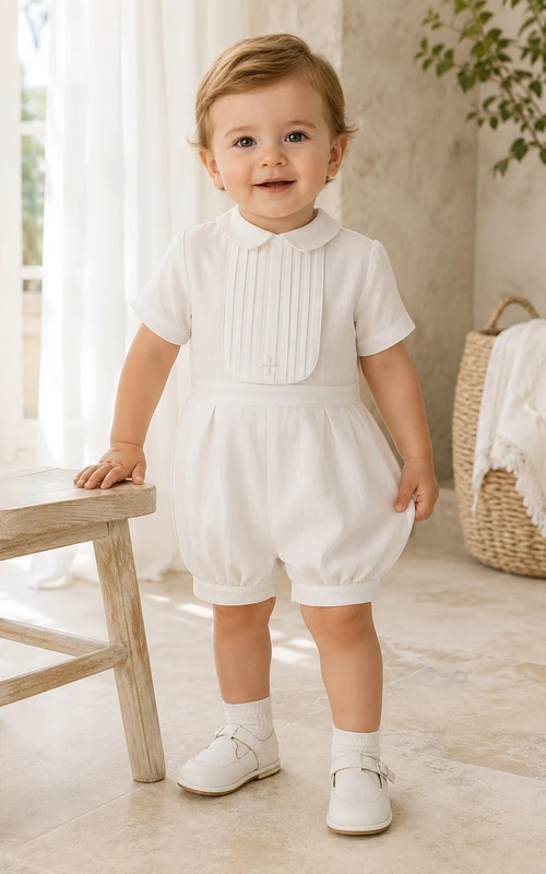 White Wide Pintuck Collar Short Sleeve Christening Bubble Romper for Baby Boy
