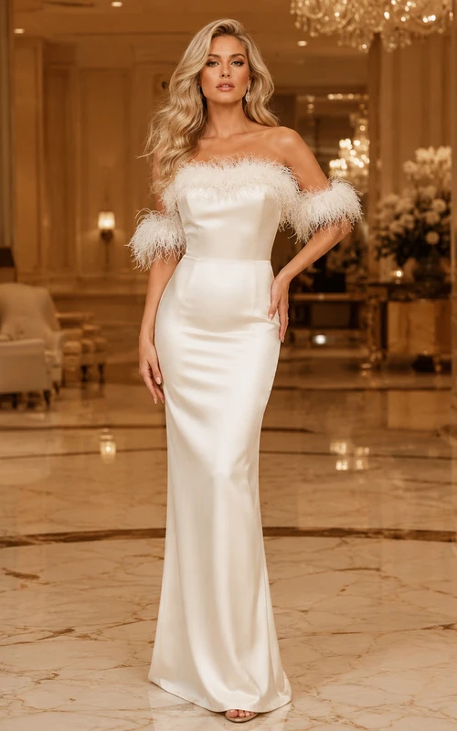 Perlmuttfarbenes, schulterfreies Meerjungfrauen-Abendkleid mit Federn