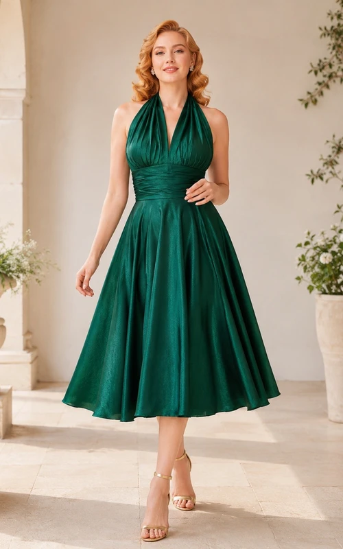Dark Green Halter Neck Sleeveless Deep V A Line Formal Dress