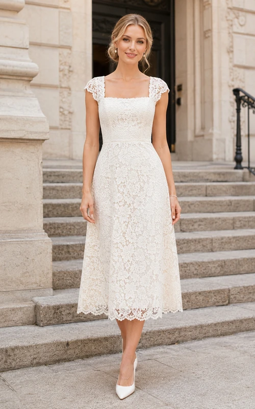 Vestido de novia civil midi sencillo de encaje con mangas cortas