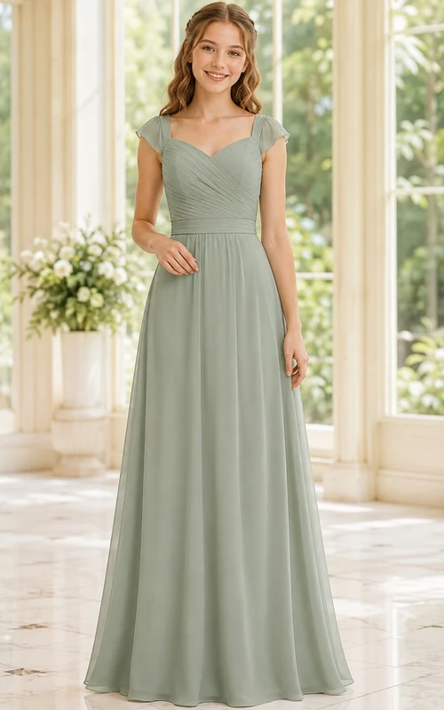 Celadonfarbenes Brautjungfernkleid für junge Damen, A-Linie, V-Ausschnitt, kurze Ärmel, plissiert