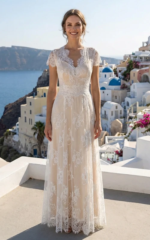 Robe de mariée fourreau Empire Destination, manches courtes et dos boutonné illusion